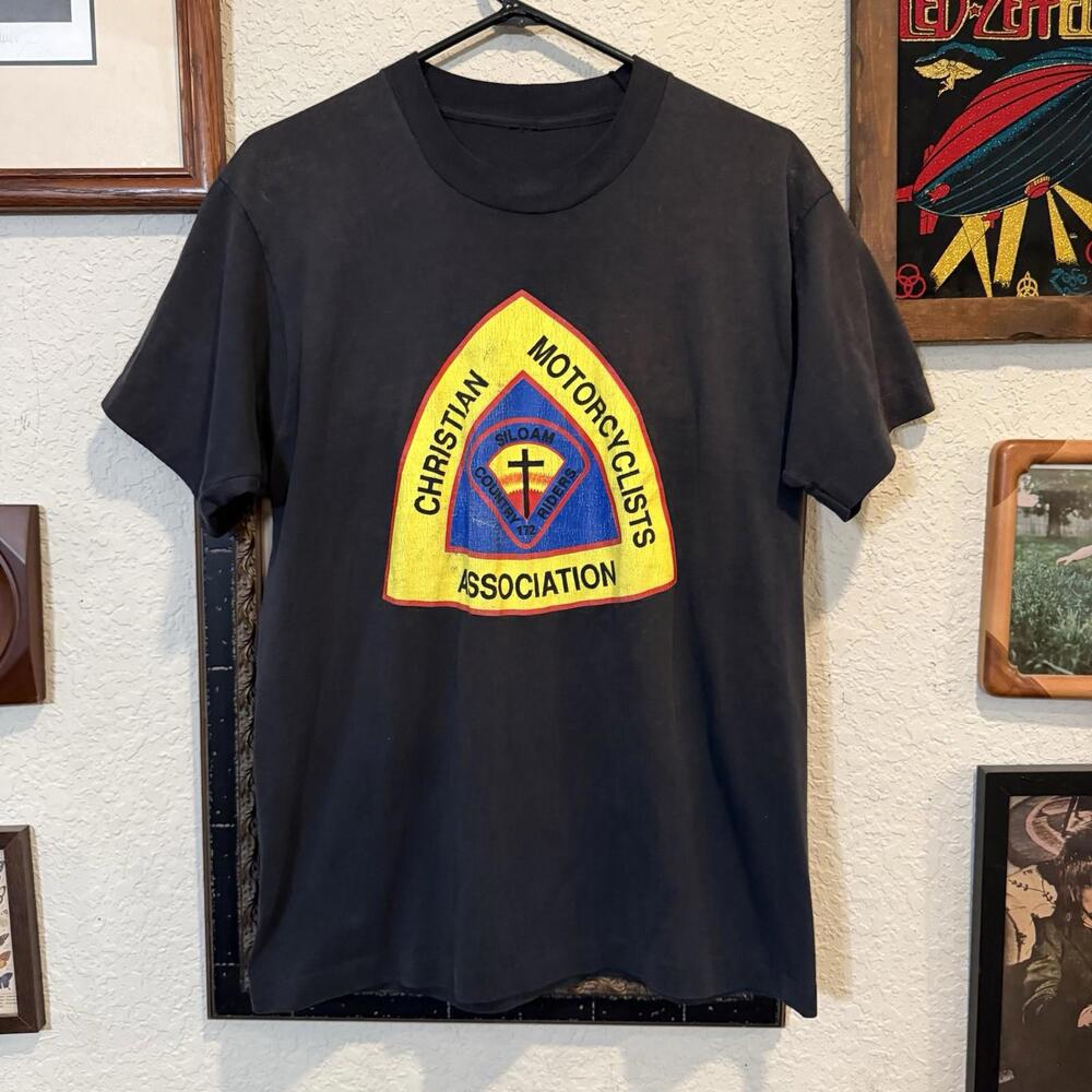 Vintage 80s RARE Christian Motorcyclists Association Jesus Biker Faded Shirt Lrg